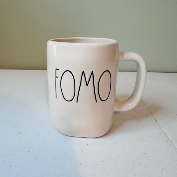 Rae Dunn "FOMO" Ceramic Coffee Mug White Black Text Elongated letters mug - Picture 7 of 8